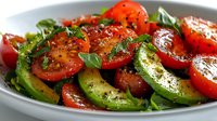 Fresh summer salad with sliced tomatoes, green bell peppers and herbs, seasoned with black pepper and olive oil dressing on white ceramic plate.