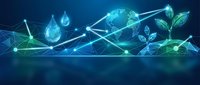 Digital network connecting water drops, earth globe and green leaves representing sustainable technology and environmental conservation solutions.