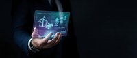 Businessman holding holographic tablet displaying financial data analytics charts and graphs for business intelligence and digital technology solutions.