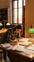 Young Caucasian woman student studying at wooden desk with books and notebooks in warm library interior with green banker lamps during golden hour.