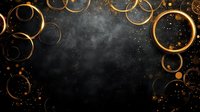 Glowing golden rings and circles float against dark textured background with sparkles and light effects creating magical festive frame for holiday designs.