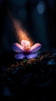 Magical pink flower with water drops glowing in dark environment, sparks rising from petals against moody black background, creating ethereal nature atmosphere.