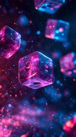 Glowing neon dice floating in cosmic space with vibrant pink and blue lights, stars and bokeh effects for gaming and entertainment concepts.