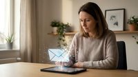 Woman with long dark hair, Caucasian ethnicity, wearing a beige sweater, sitting at a wooden desk holding a glowing digital envelope icon above a tablet device in a modern home office with plants and natural lighting.