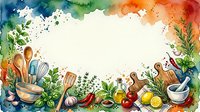 Watercolor cooking frame with wooden utensils, fresh herbs, vegetables and spices creating decorative border for culinary designs and recipe cards.