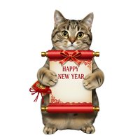 Tabby cat holding festive red scroll with Happy New Year greeting message and decorative bow, isolated on white background for holiday greeting cards and seasonal designs.