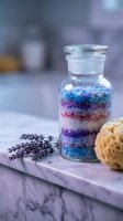 Glass jar filled with colorful layered bath salts in rainbow hues on marble surface with lavender sprigs and natural sponge for spa relaxation and wellness.