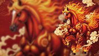 Majestic fire horse with flowing mane surrounded by flames and clouds in traditional Asian art style for lunar new year celebrations and festive designs.
