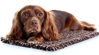 Adorable brown Cocker Spaniel puppy with soulful eyes lying on textured brown carpet, looking directly at camera with expressive face. For pet care and animal companionship.