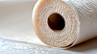 White paper towel roll with embossed pattern showing texture detail and circular core in soft natural lighting, macro photography on neutral background.