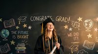 Happy young woman graduate in cap and gown celebrating achievement with chalk drawings on blackboard background showing academic symbols and congratulations.