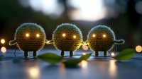 Glowing knitted creatures with illuminated eyes stand in row on reflective surface amid green leaves and bokeh lights creating magical woodland atmosphere.