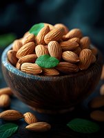 Fresh whole almonds in wooden bowl with green leaves on dark background, macro food photography with selective focus and natural lighting.