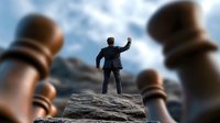 Business leader standing on rock with arms raised in victory pose surrounded by chess pieces symbolizing strategic success and leadership triumph.
