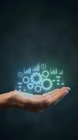 Open palm holding glowing digital gears, charts, and business icons against dark background. Represents business growth, automation, and digital transformation for corporate solutions.