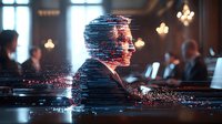 Digital glitch effect on profile silhouette with dispersing particles against blurred restaurant background, dramatic lighting creates futuristic atmosphere.