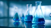 Laboratory glassware with blue liquid chemicals in conical flask and beakers on reflective surface in science research lab.