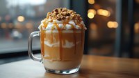Hot caramel latte topped with whipped cream, caramel drizzle and crushed nuts in glass mug on wooden table against blurred cafe window background.