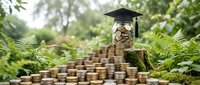 Graduation cap on stacked coins in green garden setting symbolizing education investment and financial planning for academic success.