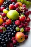 Fresh mixed berries and fruits including strawberries, blueberries, raspberries, grapes, apples, and blackberries in vibrant colors against dark background.