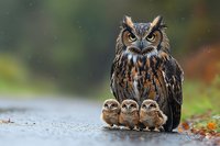 Great horned owl parent with three baby owlets sitting together on ground, showing protective behavior and family bonding in natural outdoor setting.