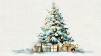 Festive decorated Christmas tree with gold and blue ornaments surrounded by wrapped presents on white background, watercolor style holiday illustration.
