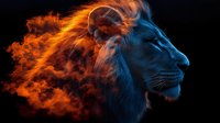 Majestic lion head profile with dramatic orange flame and blue smoke effects creating ethereal dual-colored artistic composition against black background.