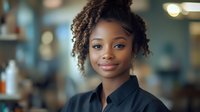 Young African American businesswoman with curly hair smiling confidently in modern office environment for corporate and professional marketing materials.