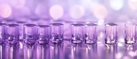 Empty glass vials arranged in rows on reflective surface with purple bokeh lighting effects creating dreamy pharmaceutical or cosmetic laboratory atmosphere.
