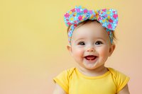 Happy baby wearing yellow t-shirt and floral bow headband smiling with pure joy against pastel background. For family, childhood, and lifestyle designs.