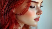 Side profile portrait of young woman with vibrant red hair and natural makeup against light background, eyes closed with serene expression showing soft glowing skin.