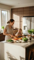Young Caucasian mother preparing healthy meal with toddler in modern kitchen. Family cooking together, meal prep, organic vegetables on counter.