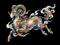 Ornamental goat with flowing mane and tail in orange, blue, and cream tones, isolated on transparent background. Ready for t-shirt designs, clipart, stickers, sublimation, and print-on-demand products.