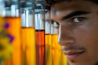 Young male scientist examining test tubes filled with orange and yellow liquid chemicals in research laboratory setting, close-up profile view.