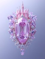 Pink crystal castle brooch with ornate gemstone design on gradient background for luxury jewelry and fantasy fashion concepts.