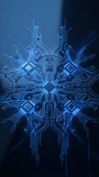 Digital snowflake made of glowing blue circuit board patterns on dark background for technology and winter holiday designs.