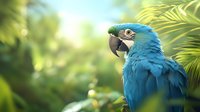 Blue and gold macaw parrot perched among tropical palm leaves in soft morning light, displaying vibrant plumage and distinctive beak against natural green bokeh background.