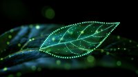 Glowing green leaf outline with sparkles and bokeh effects on dark background creates magical nature atmosphere for environmental designs.