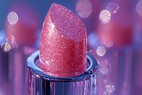 Glittery pink lipstick bullet close-up with sparkly bokeh lights on purple background, macro cosmetic photography for beauty and makeup advertising.