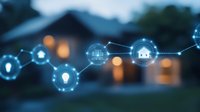 Connected smart home icons with glowing network links floating over blurred residential background with bokeh lights, representing home automation and IoT technology.