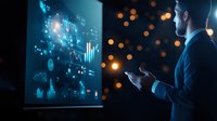 Businessman analyzing financial data on futuristic digital screen with glowing charts and graphs in dark office environment with bokeh lights.