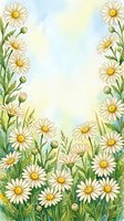 Watercolor daisy border frame with white chamomile flowers and green leaves on soft pastel background, copy space for text or greeting card design.