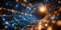 Glowing blue and orange spiral tunnel with light particles and energy waves creating futuristic space portal effect against dark background.