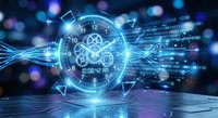 Futuristic digital clock with glowing blue holographic interface and binary code streams on dark technology background for sci-fi projects.