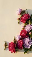 Pink and red peonies arranged on neutral beige background with copy space for wedding invitations, greeting cards, and floral design projects.