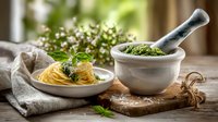 Fresh homemade pesto sauce in marble mortar with pestle beside plate of spaghetti pasta on rustic wooden board, surrounded by herbs and natural linen.