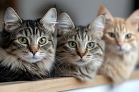 Three curious cats with striking eyes lined up together - tabby, gray and ginger cats looking directly at camera, showing different fur patterns and colors.