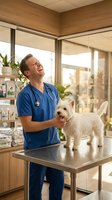 Male veterinarian in blue scrubs examining white small dog on metal examination table in bright clinic with wooden interior and large windows, healthcare and pet care concept.