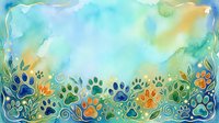 Watercolor illustration of colorful paw prints and flowers in vibrant blues, greens, and oranges with soft sky background. Suitable for pet-related designs, greeting cards, and children's artwork.