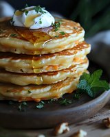 Stack of golden fluffy pancakes topped with poached egg, drizzled maple syrup, fresh herbs and mint leaves on rustic wooden plate, close-up with selective focus.